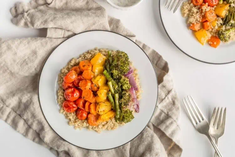 Rainbow Roasted Vegetables One Pan Vegan Recipe over Quinoa