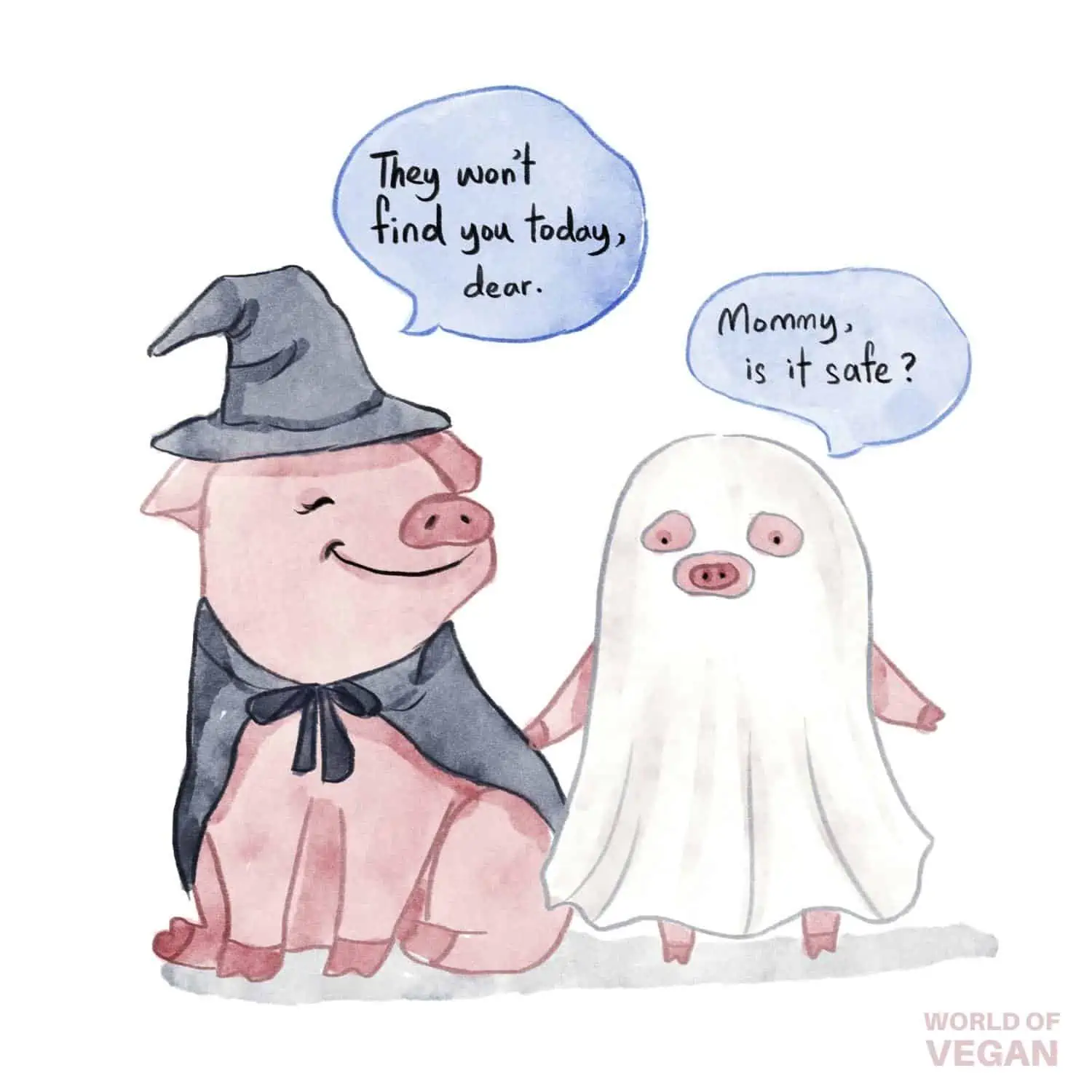 Vegan Halloween Art Comic Humor Illustration Pig Ghost Witch