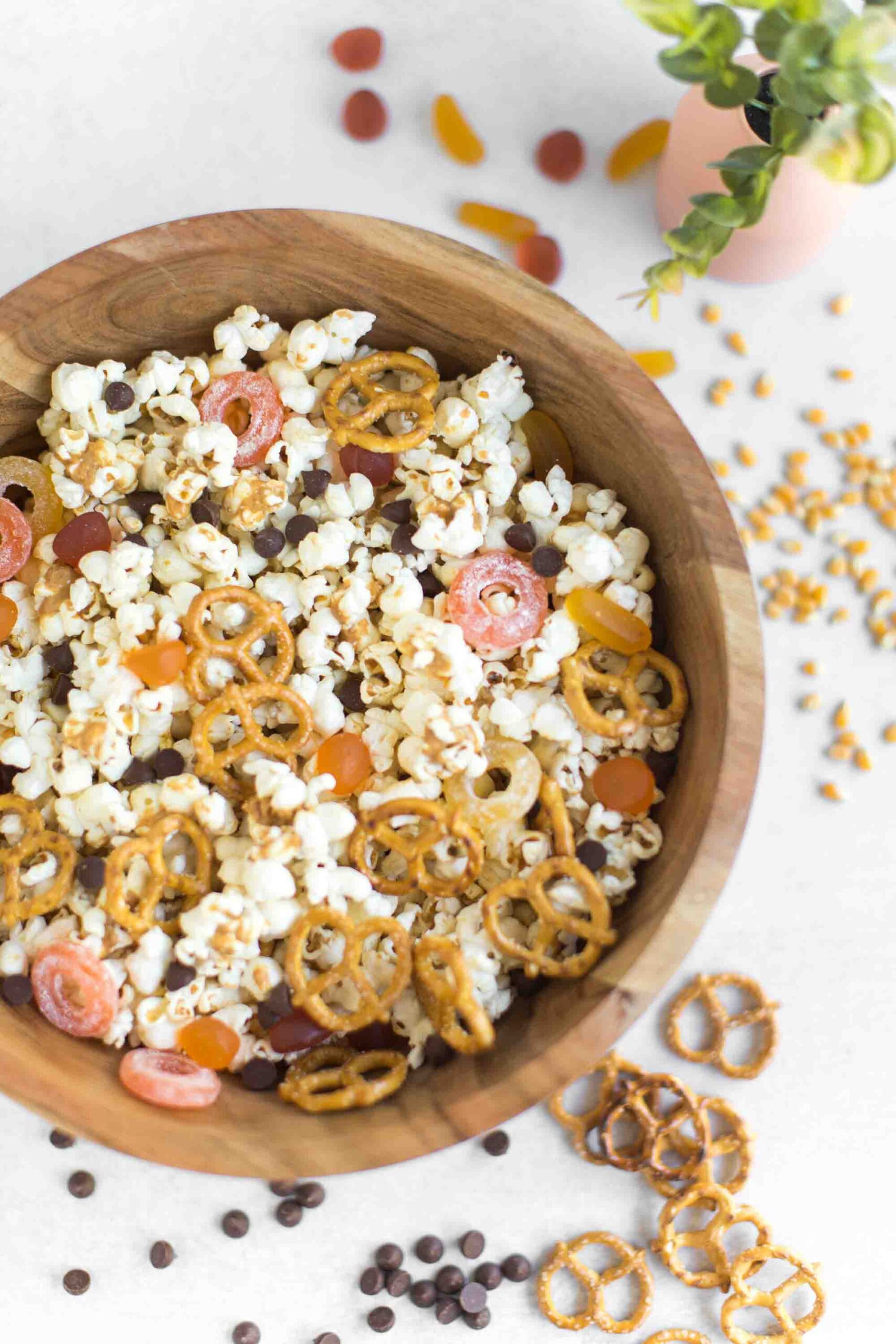 Vegan Halloween Recipe Peanut Butter Popcorn With Chocolate Chips and Candy