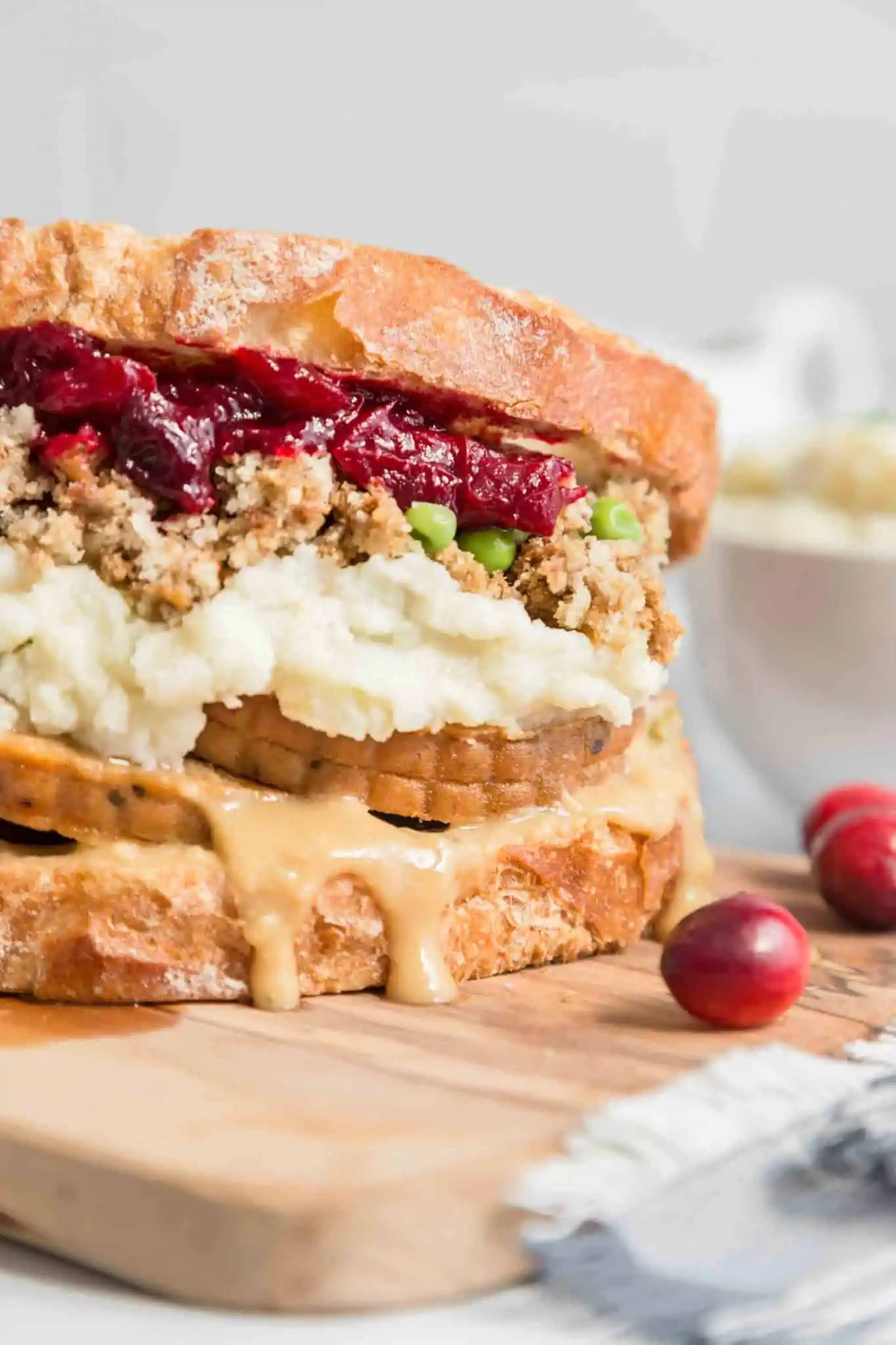 An air-fried vegan Thanksgiving leftovers sandwich.