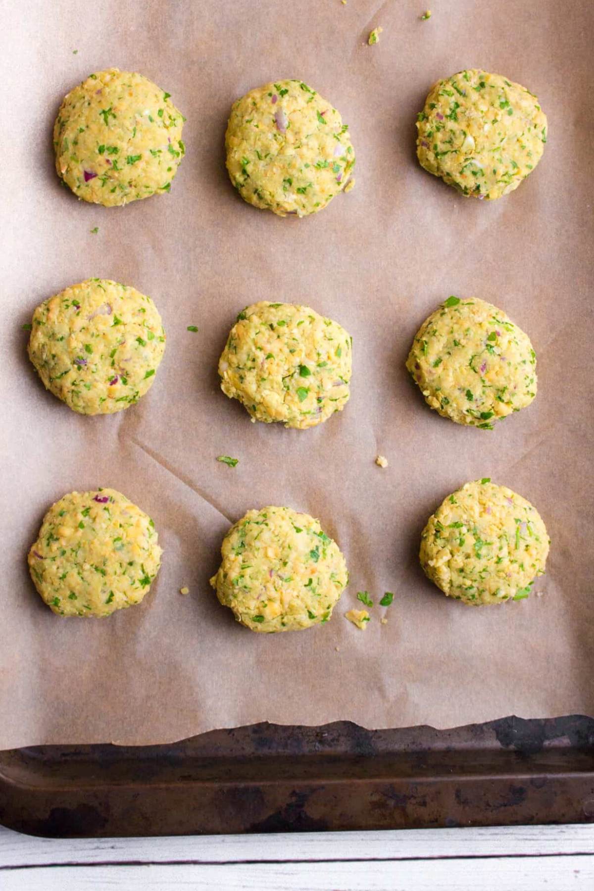 Falafel pita on a baking sheet.