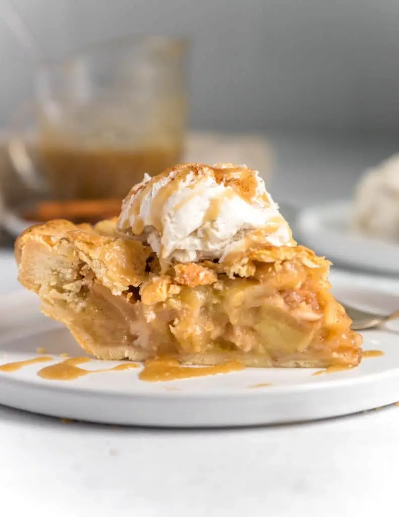 apple pie served on a plate with vegan vanilla ice cream