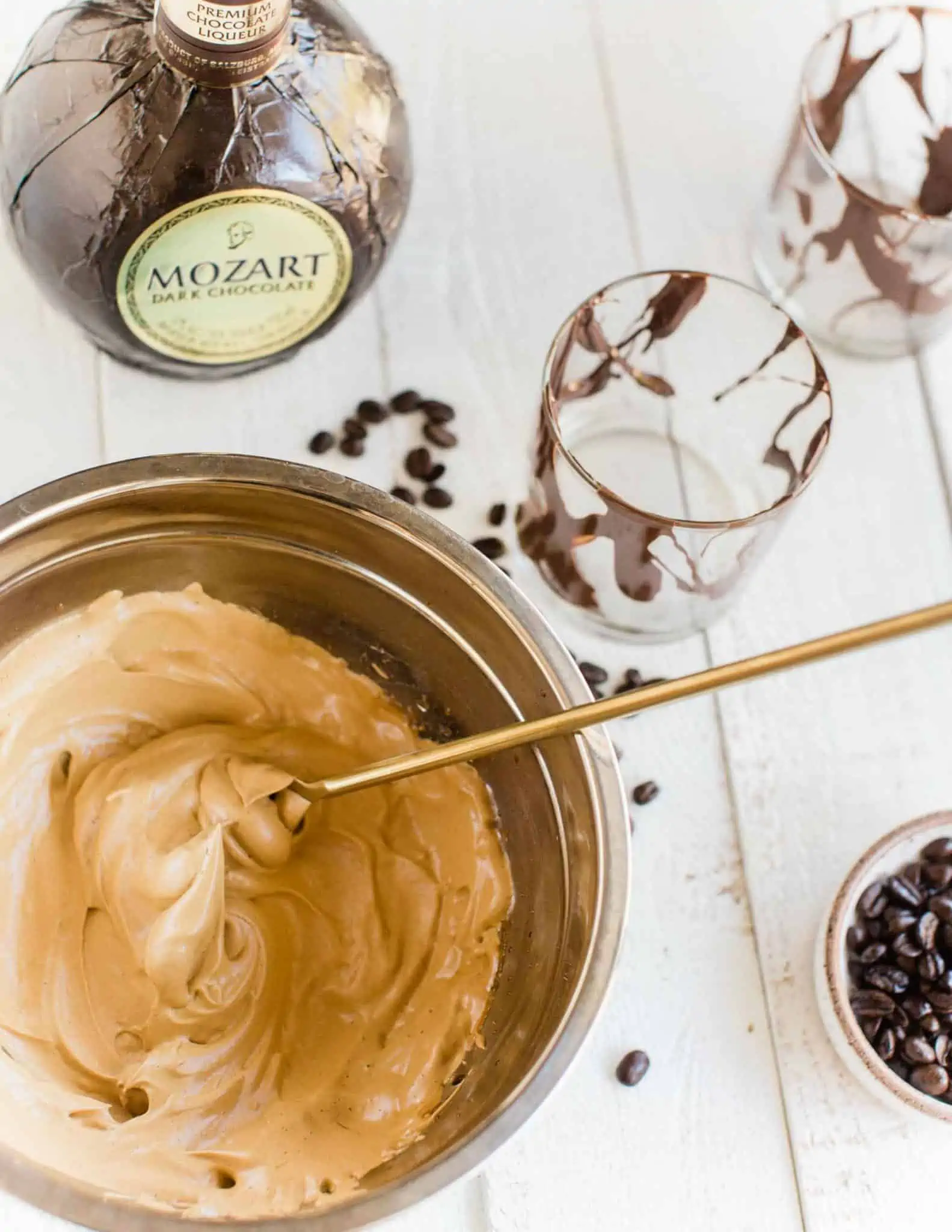 Dalgona Whipped Coffee Ingredients Flatlay o Table With Vegan Chocolate Liqueur