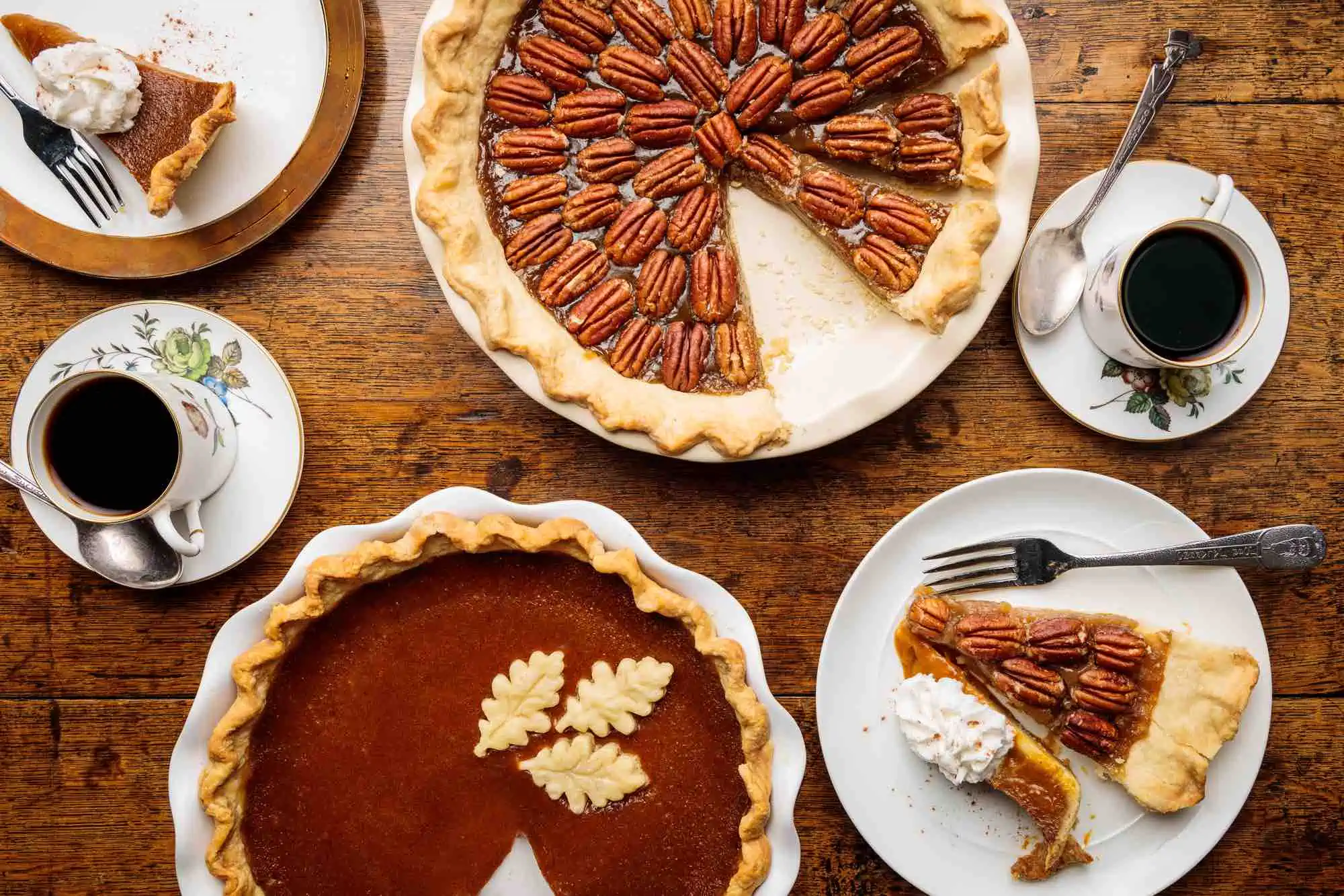 Vegan Thanksgiving Dessert Recipes & Pies Served on a Table With Hot Coffee