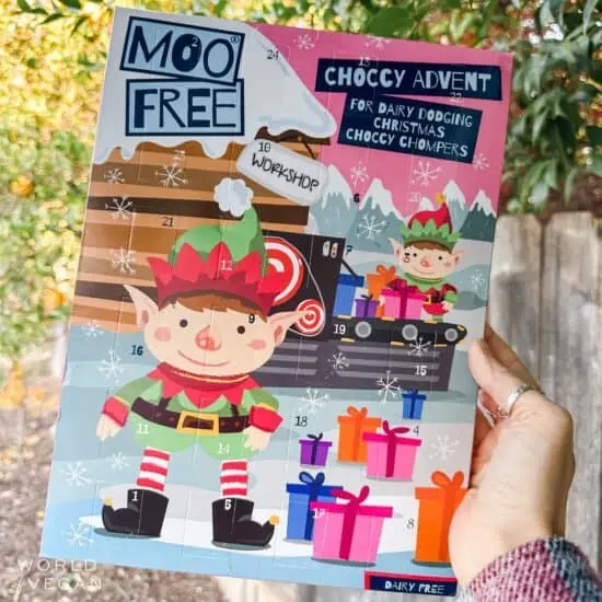 Vegan advent calendar with dairy-free Christmas chocolates from the brand Moo Free.