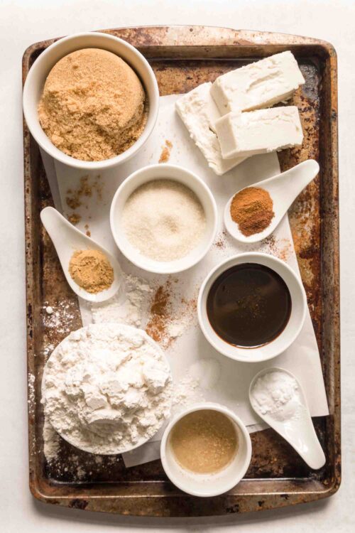 Vegan Gingersnap Cookie Ingredients Flatlay with Molasses Plant based Butter and Brown Sugar