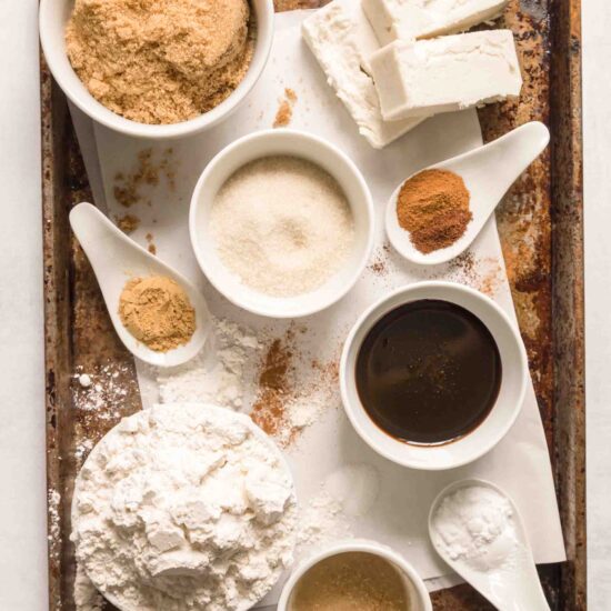 Vegan Gingersnap Cookie Ingredients Flatlay with Molasses Plant based Butter and Brown Sugar