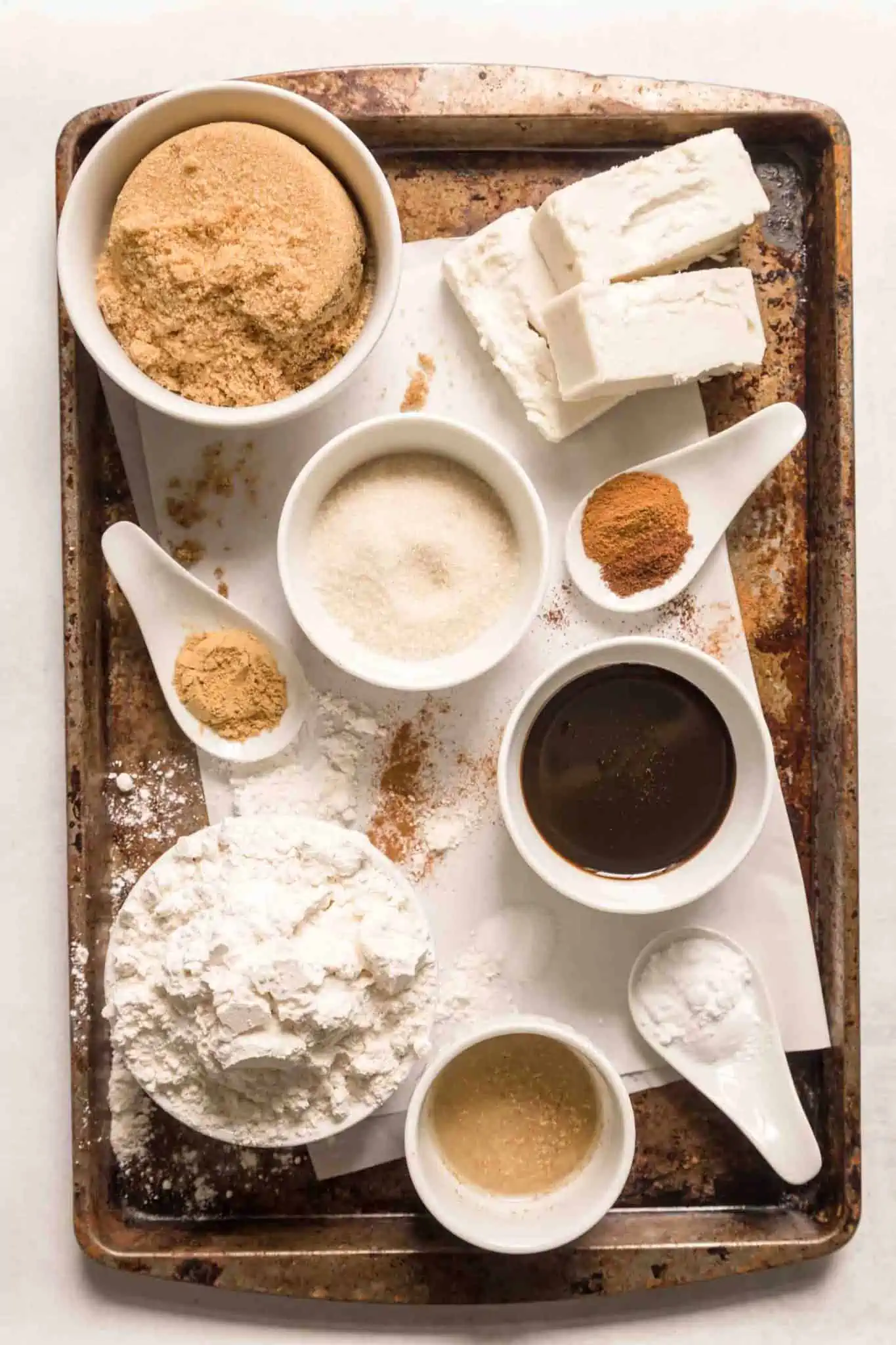 Gingersnap Cookie Ingredients Flatlay with Molasses Plant based Butter and Brown Sugar