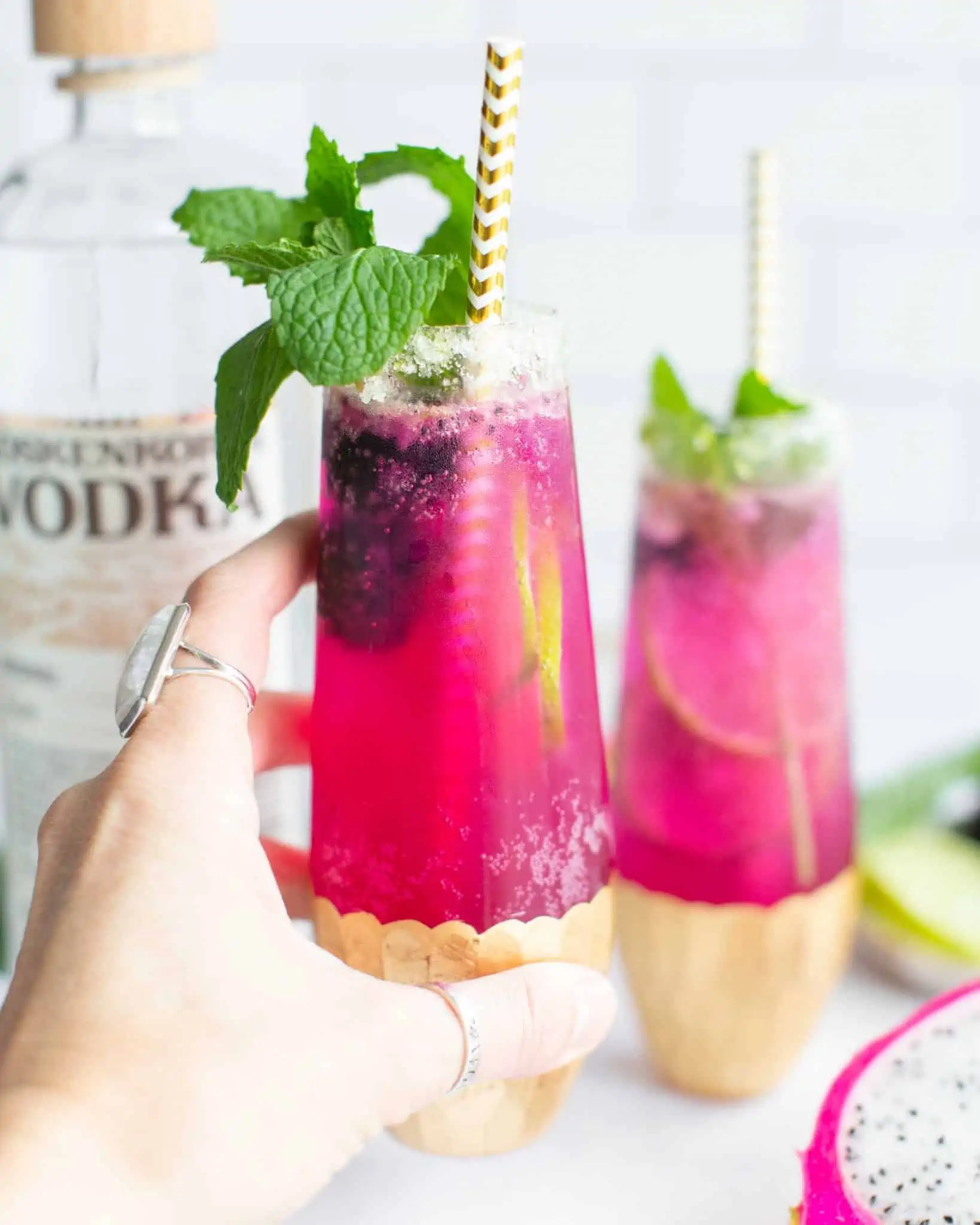 Pink Cocktail With Pitaya Dragonfruit Blackberries and Lime