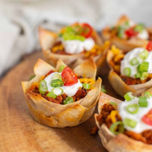 Vegan Taco Cups with Wonton Wrappers and Plant Based Beef Crumbles Appetizer