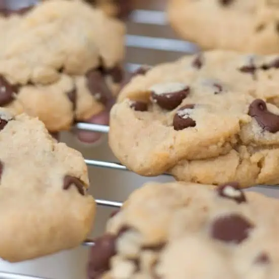 Vegan Peanut Butter Chocolate Chip Cookies on a Cooling Rack