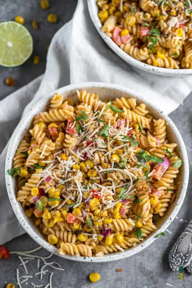vegan street corn pasta in a bowl