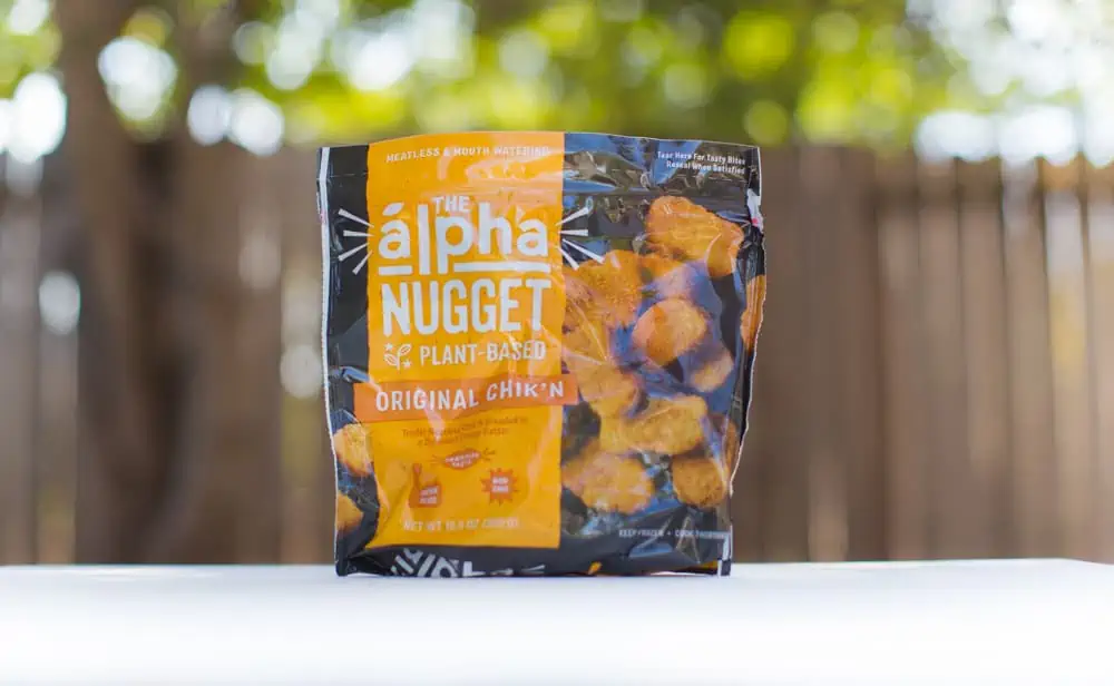 vegan chicken nuggets package from Alpha Foods plant based and vegetarian