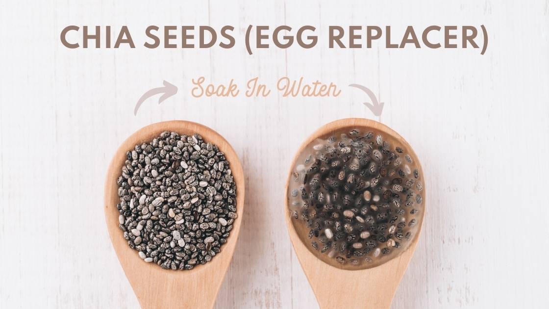 Chia seeds egg replacer soak in water graphic showing the seeds before and after they absorb water and become gelatinous