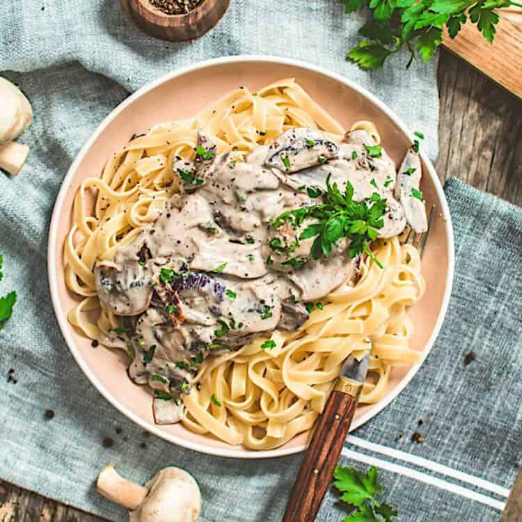 Vegan Mushroom Stroganoff Served Over Fettuccini.