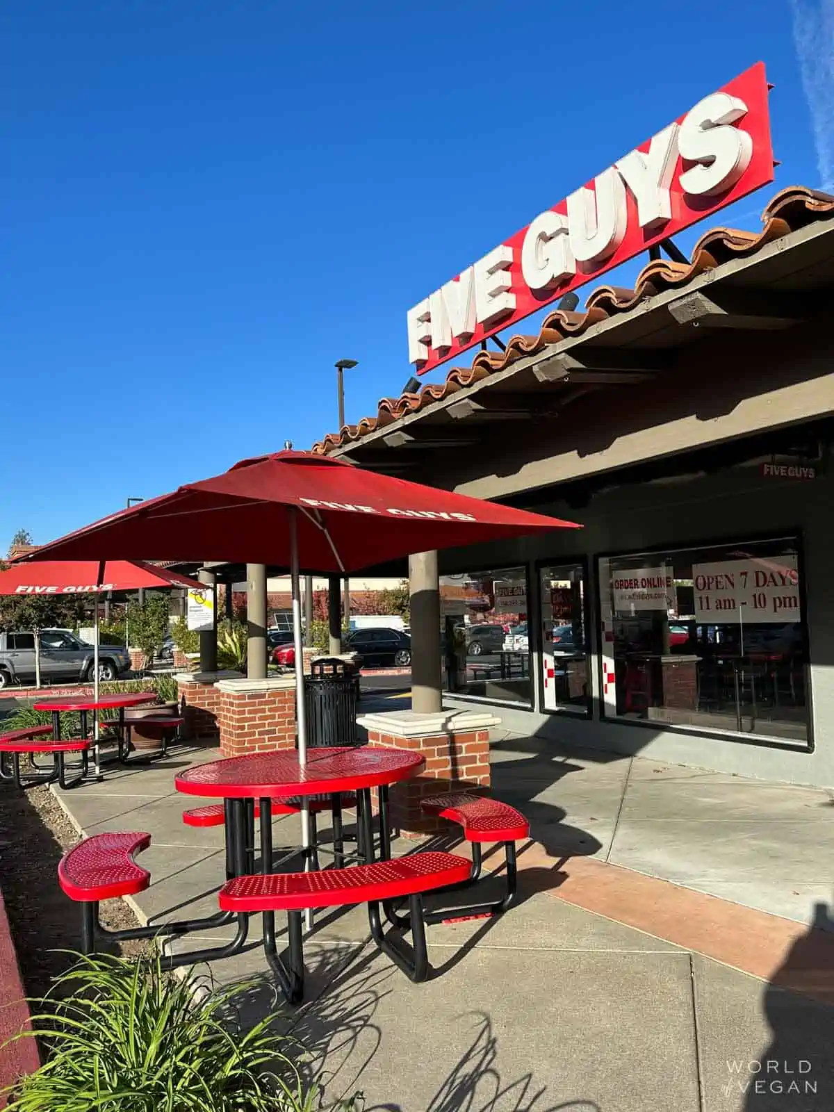 Five Guys restaurant sign in Sacramento, California.