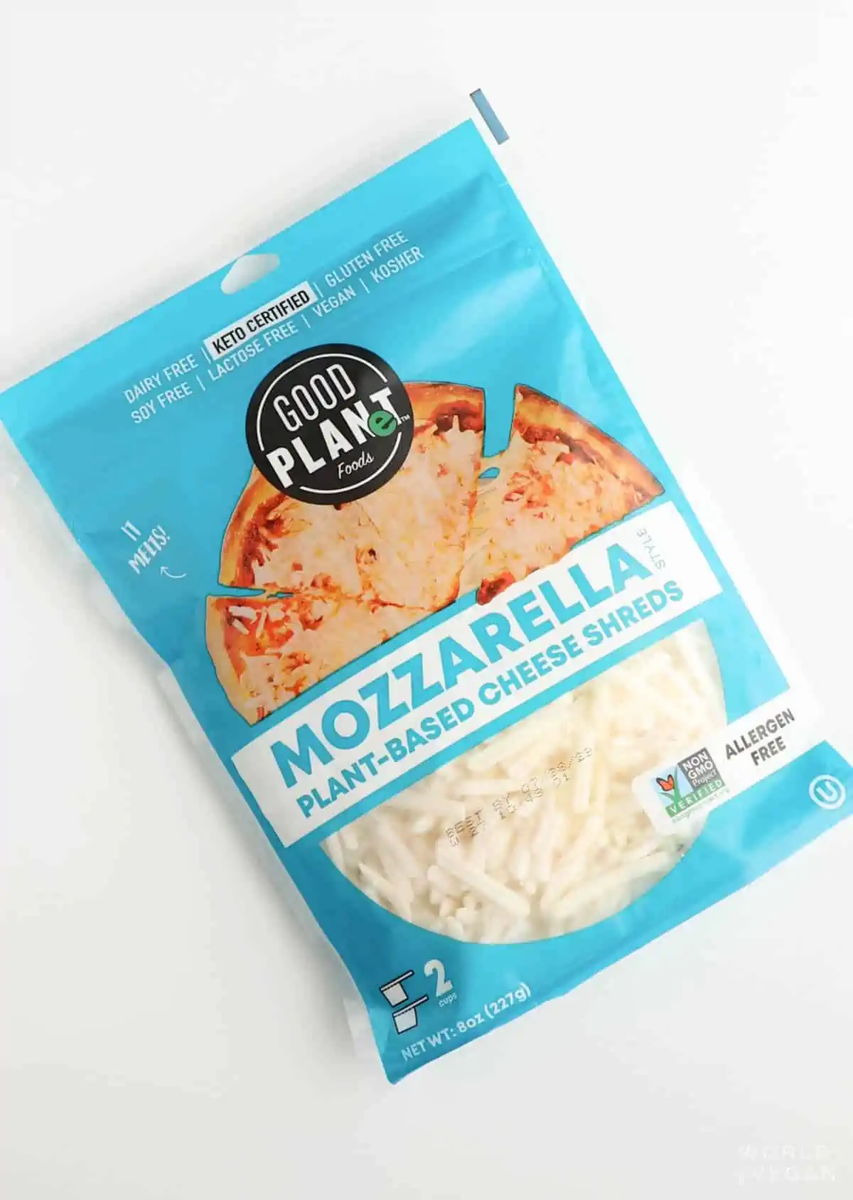 A bag of vegan mozzarella cheese from Good Planet.