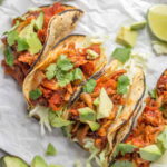 Oyster mushroom tacos with chipotle seasoning with lime, avocado, and cilantro.