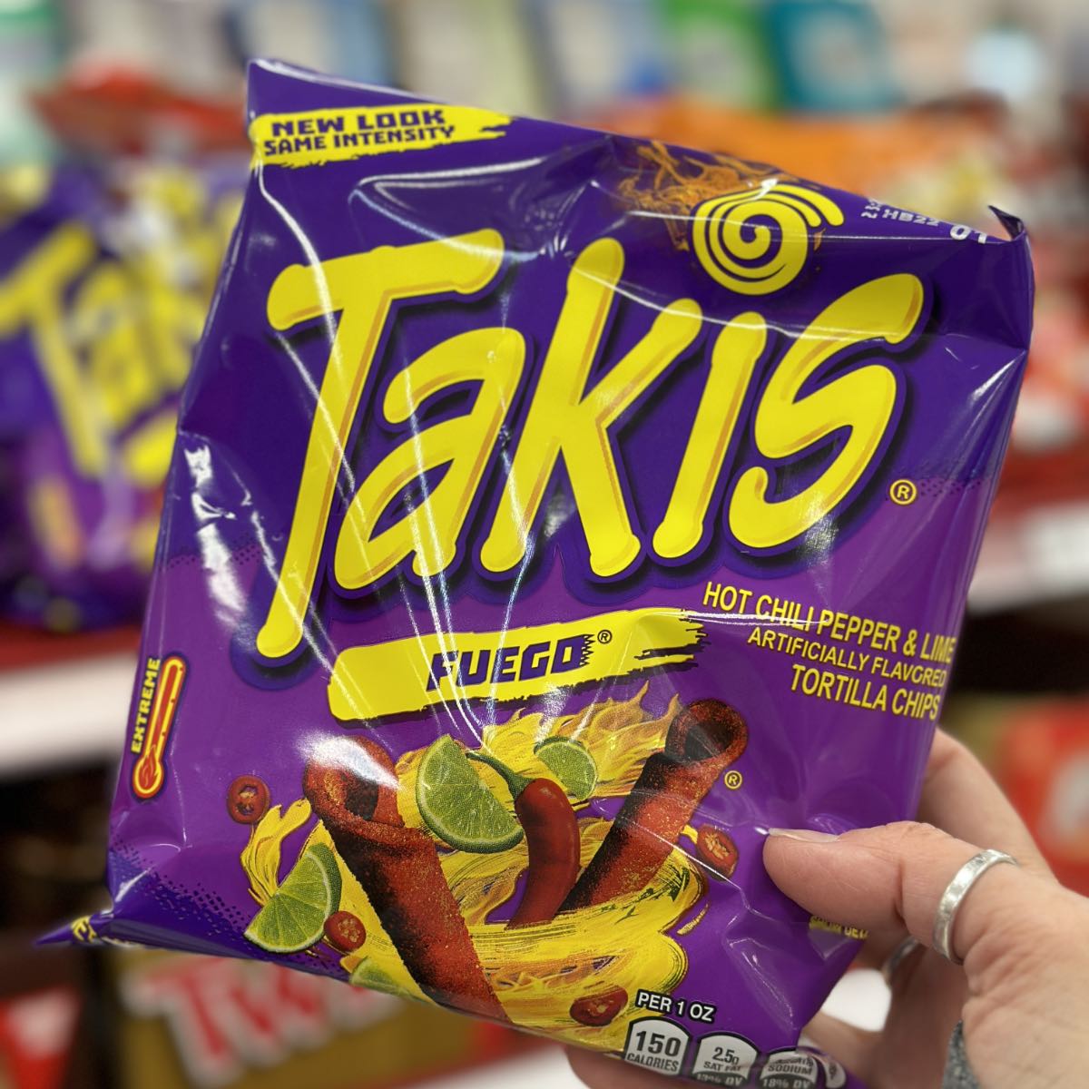A purple bag of vegan Takis fuego
