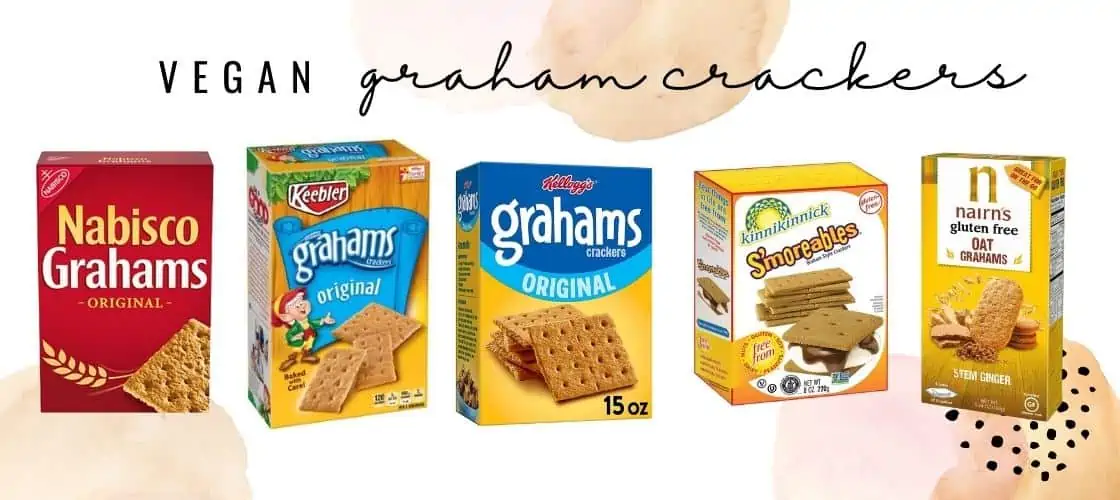 vegan graham cracker brands lined up on a graphic including nabisco keebler kelloggs kinnikinnick and nairns