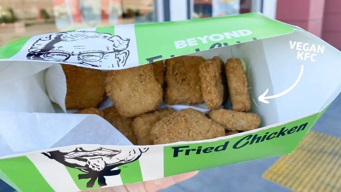 Vegan KFC beyond fried chicken in green container.