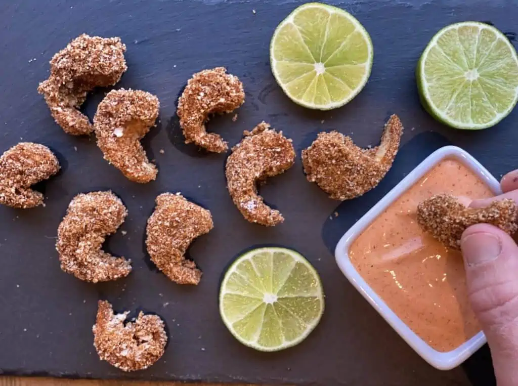 oyster mushroom shrimp recipe breaded and served with a creamy dip and lime