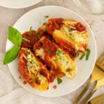 Vegan pasta shells with tofu ricotta on a plate.