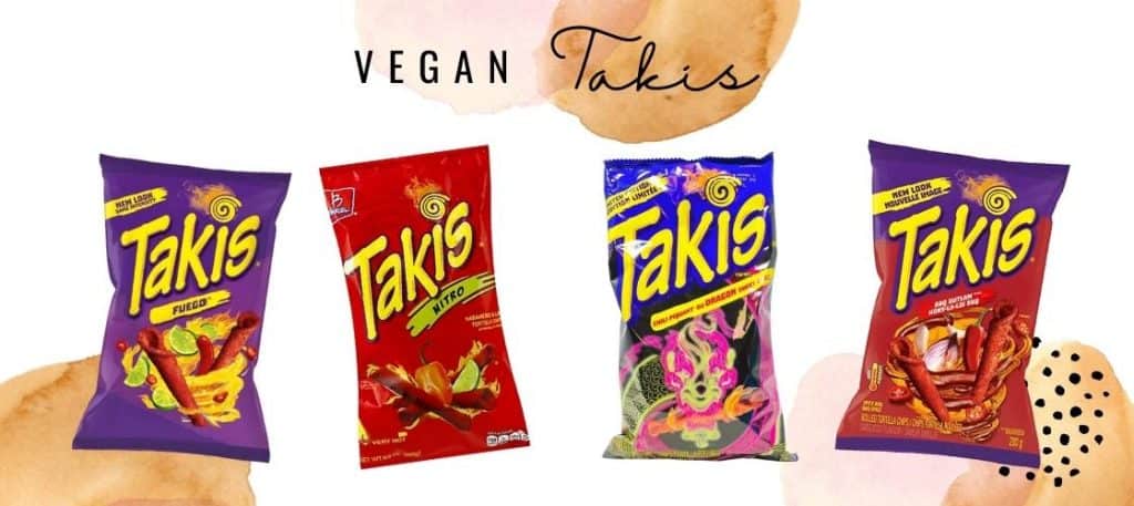 four of the vegan Takis flavors including nitro fuego dragon and BBQ outlaw in a graphic