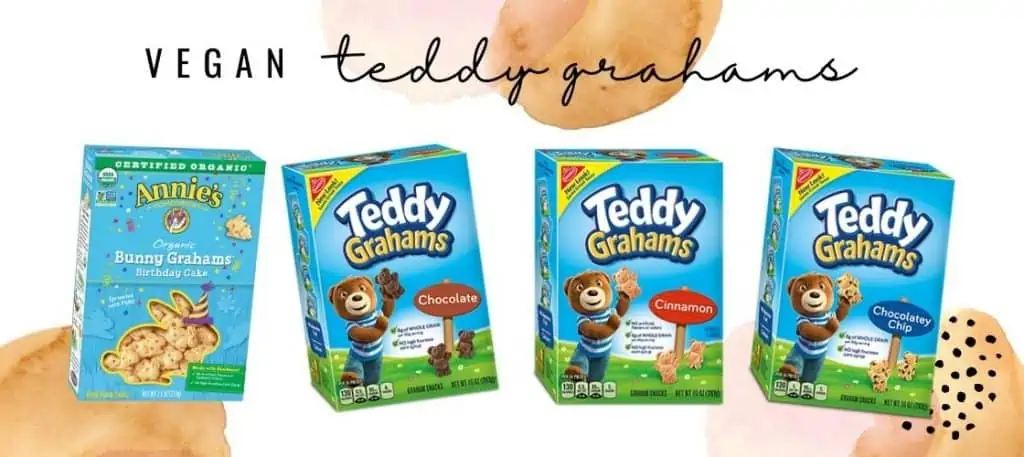vegan teddy grahams graphic showing top 4 brands options including nabisco chocolate and cinnamon and annies birthday cake bunny grahams