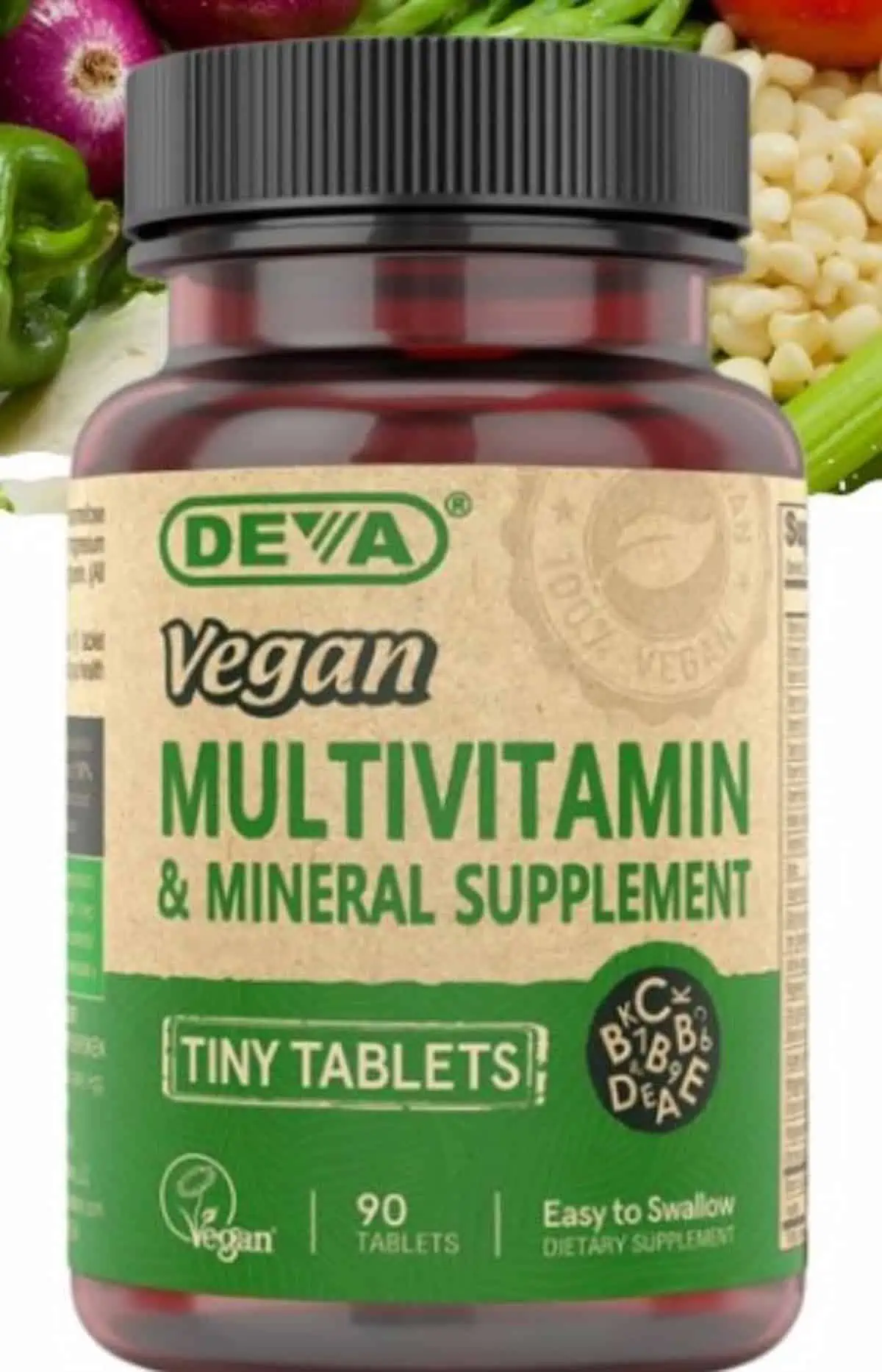 A bottle of Deva brand vegan multivitamins.
