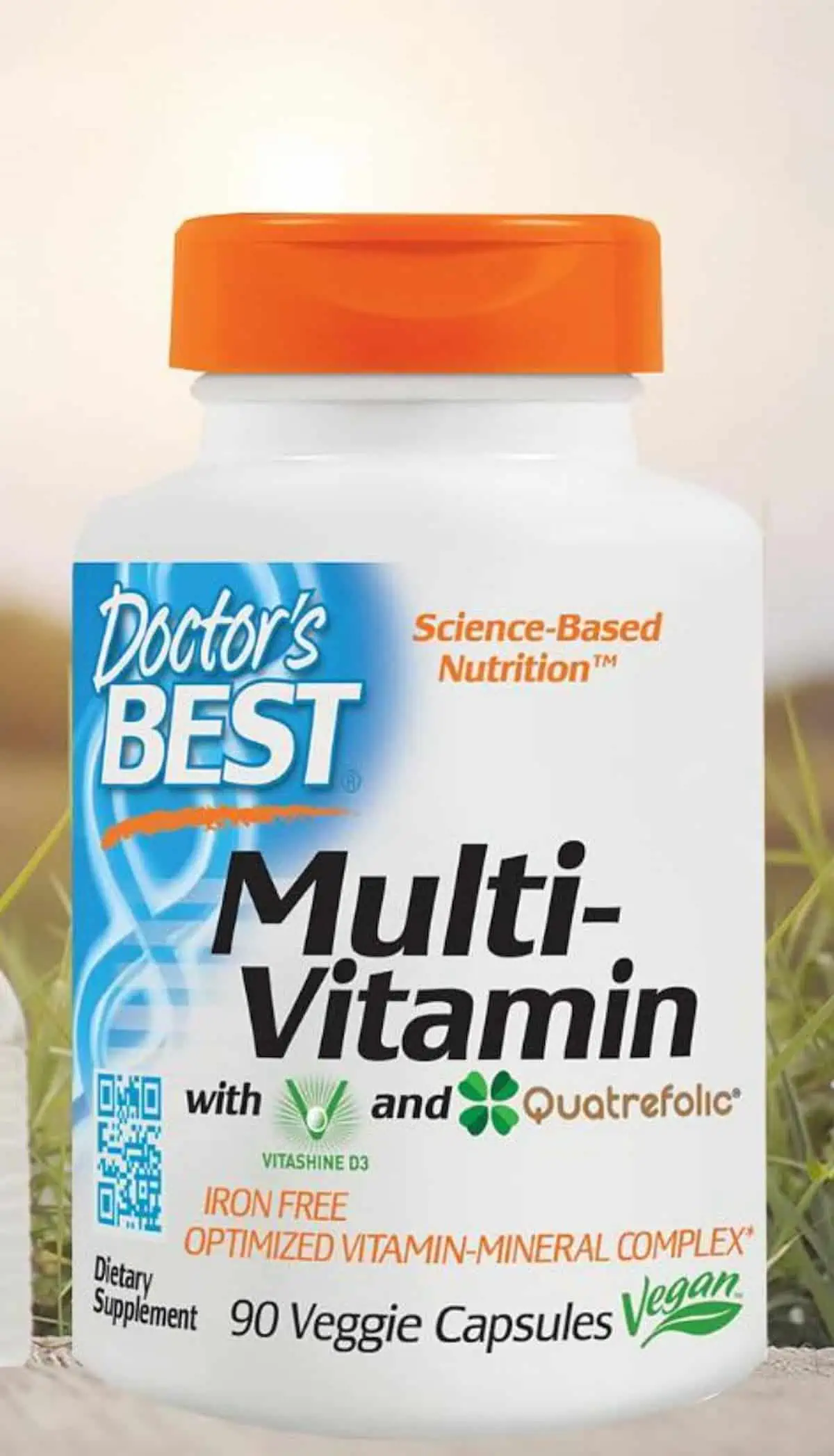 A bottle of Doctor's Best brand vegan multivitamins.