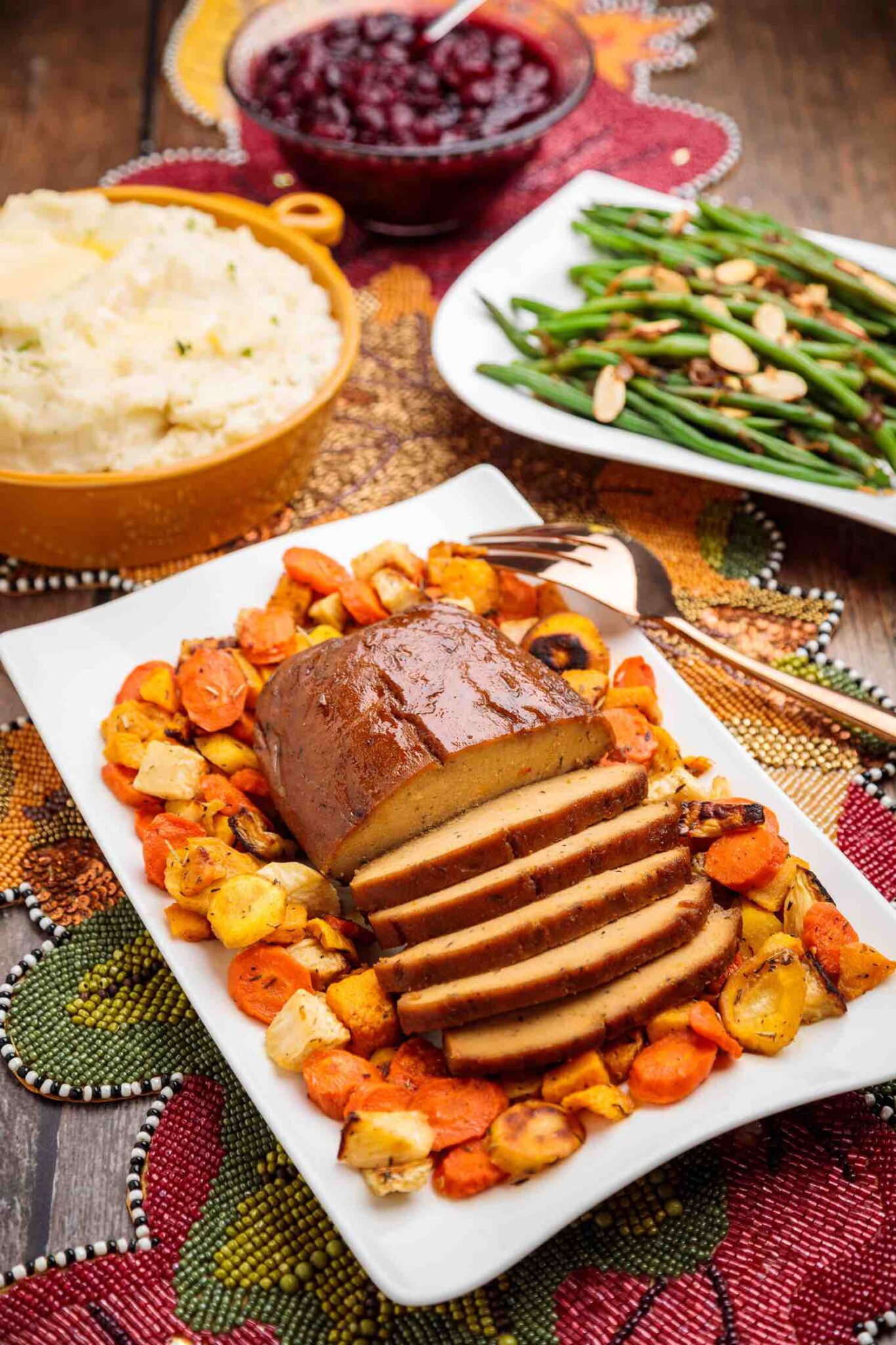 Glazed Seitan Turkey Roast—Delicious Holiday Dinner Table Centerpiece