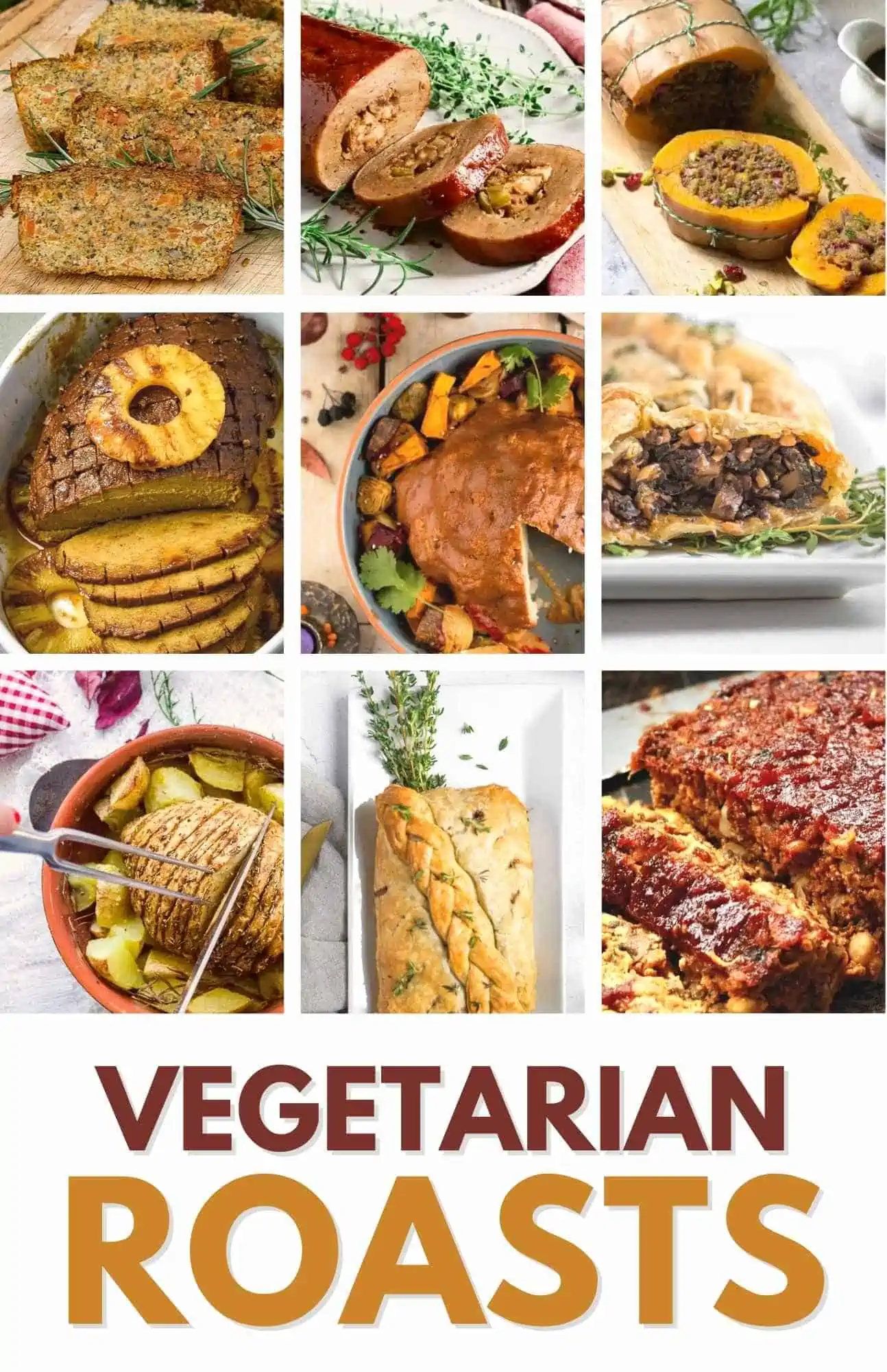 A collage of several delicious vegan roast recipes served for holidays.