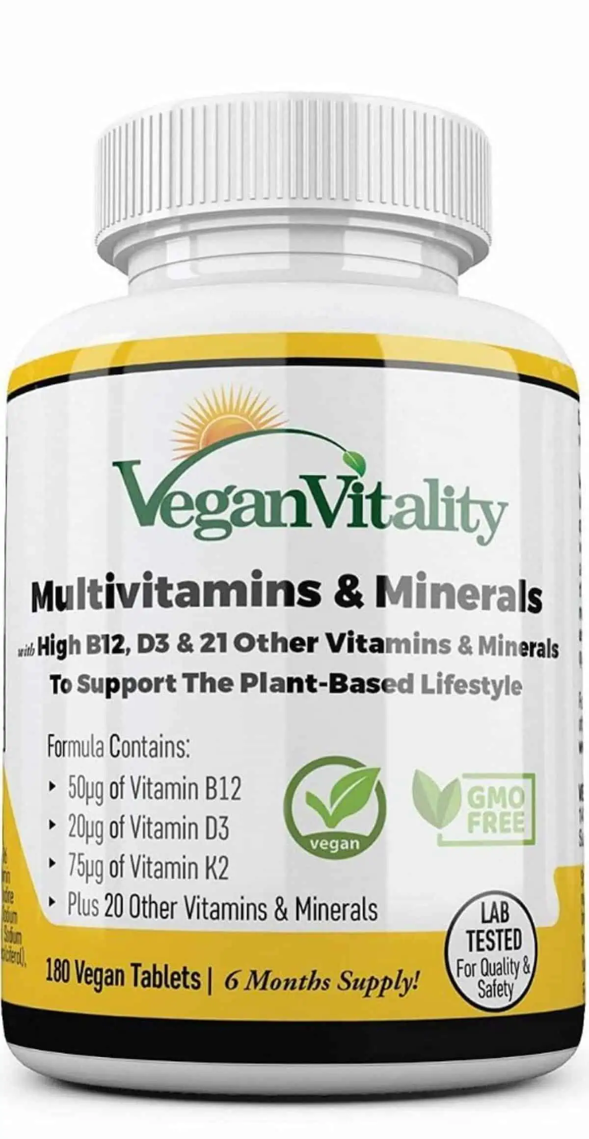 A bottle of Vegan Vitality brand multivitamins.