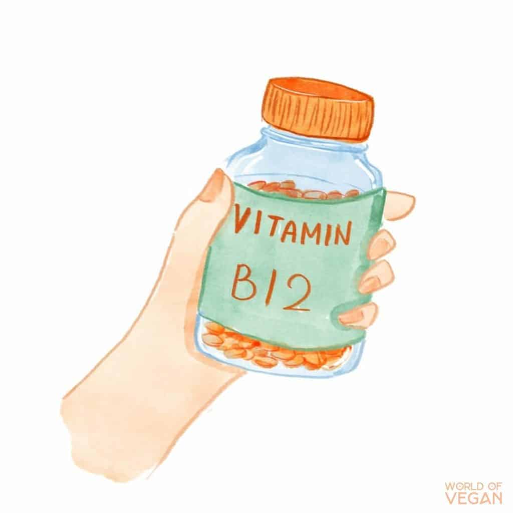 illustrated art graphic of a hand holding a vitamin b12 bottle