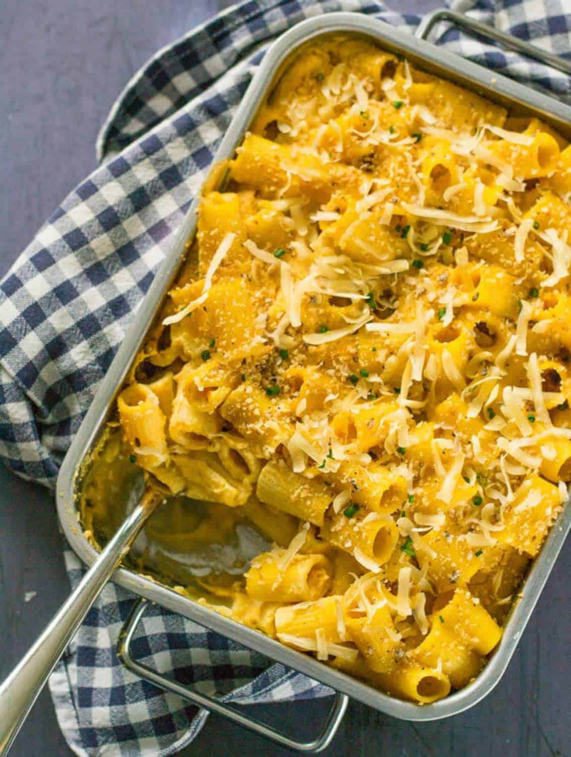 vegan butternut squash mac and cheese in a serving tray
