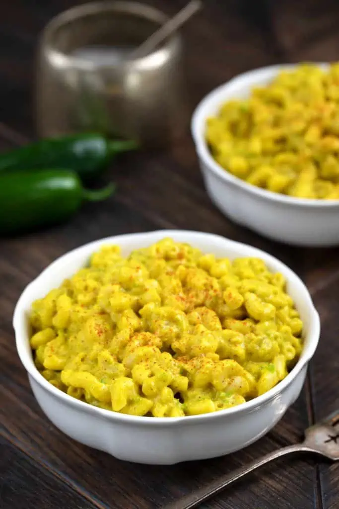 bowl of vegan green chile mac and cheese