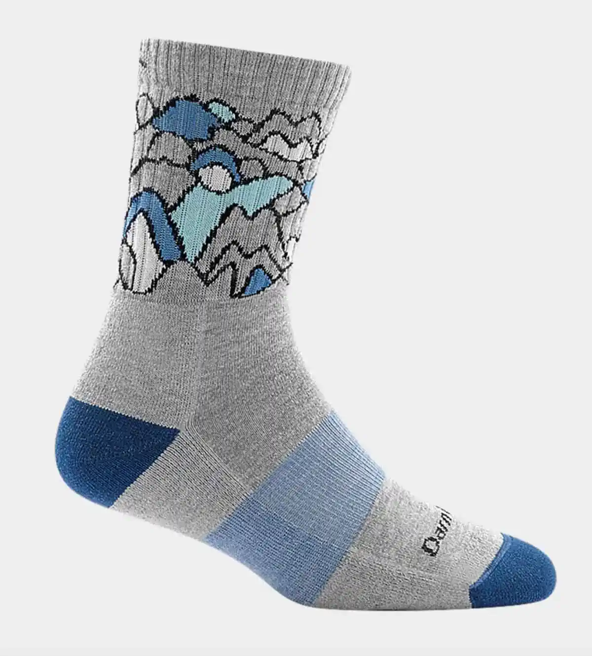 Grey vegan hiking socks with mountain art from Darn Tough brand.