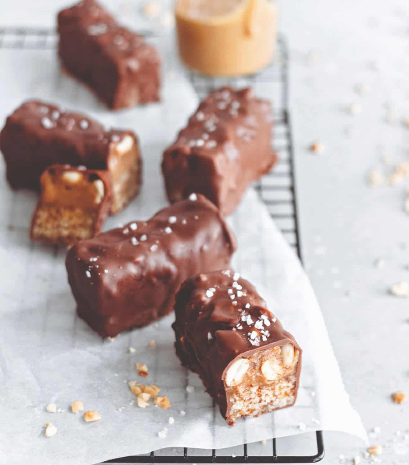 Vegan snickers on a cooling rack.