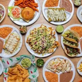 A colorful spread of vegan food on a table.