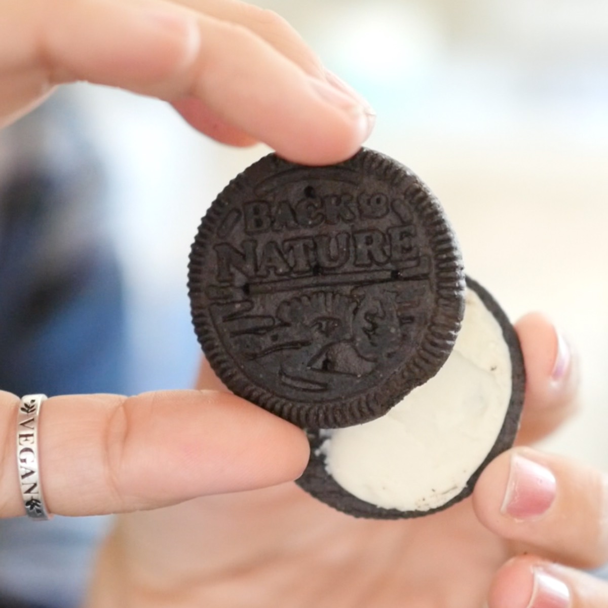 Oreo-style chocolate sandwich cookies from Back to Nature filled with vegan cream.