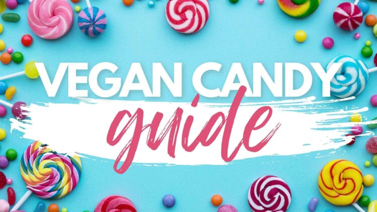 vegan candy guide with lollipops and other candies on a blue background