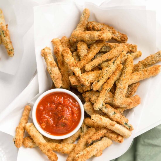 Air-fried zucchini fries with marinara dip.