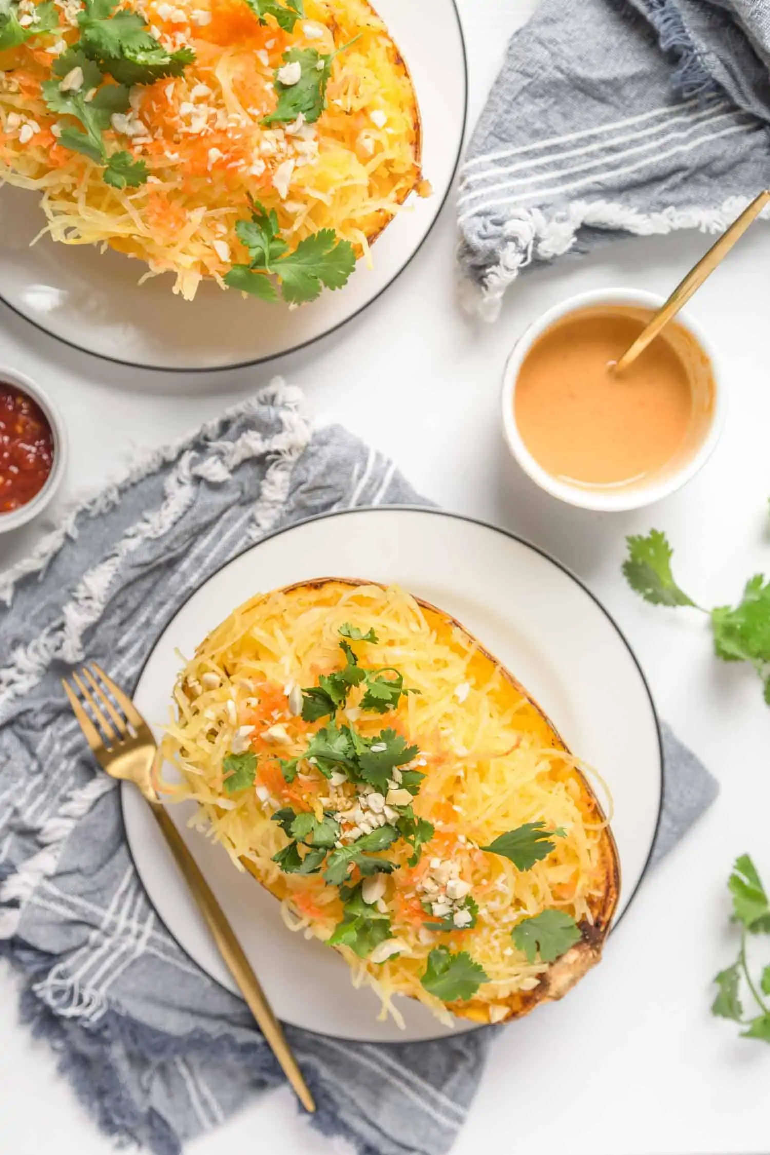 the best air fryer squash served on a plate with a creamy sauce and parsley garnish
