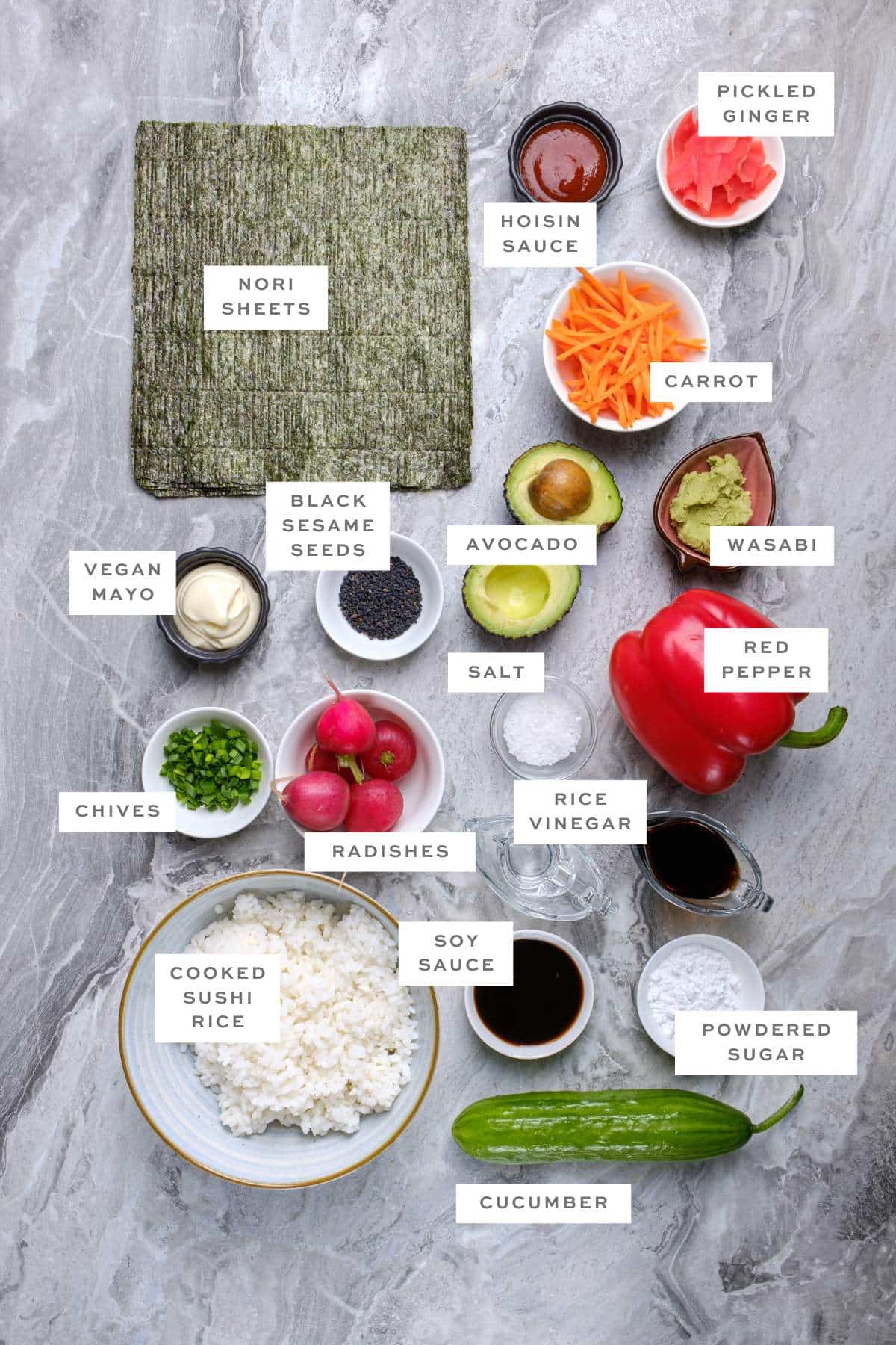 Ingredients for vegan sushi cupcakes, with labels.