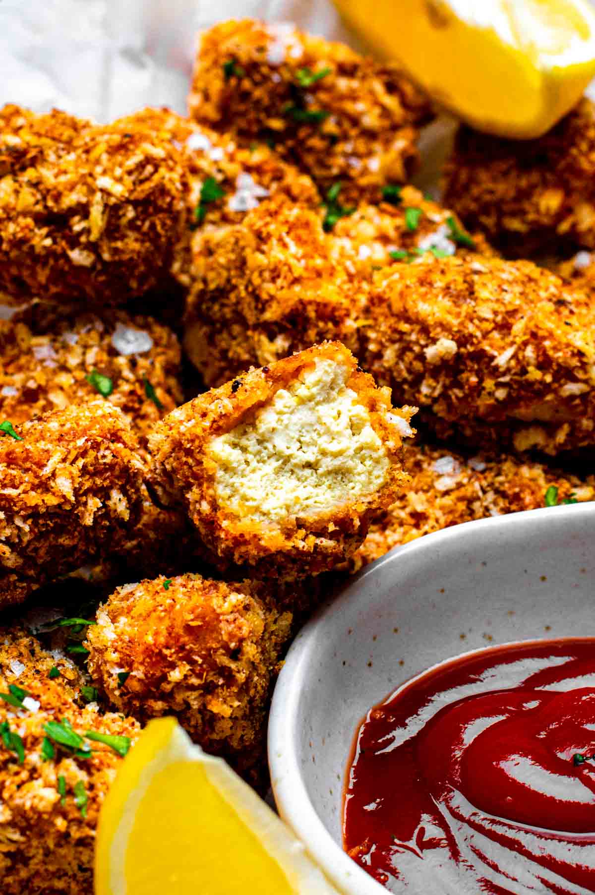 A pile of tofu chicken nuggets with one sliced open showing the tofu inside.
