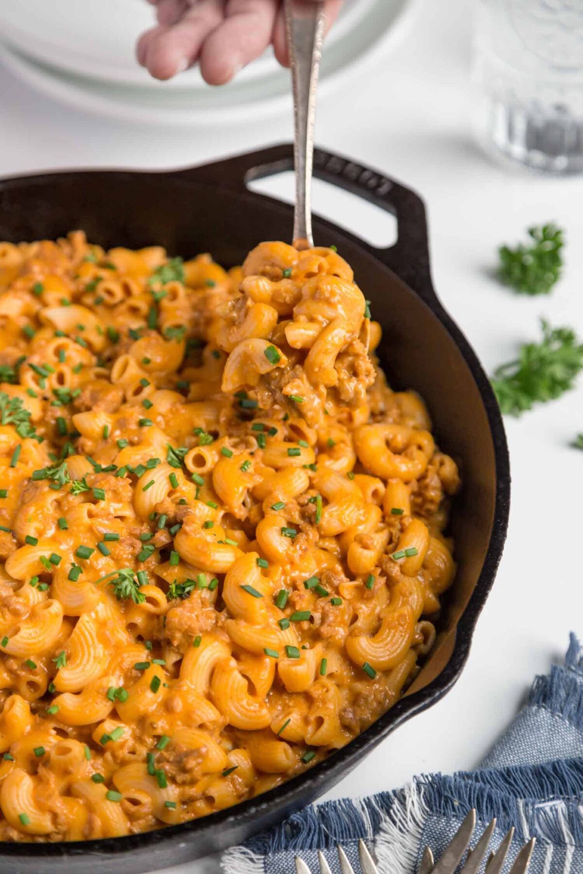 Vegan Hamburger Helper in a cast iron skillet.