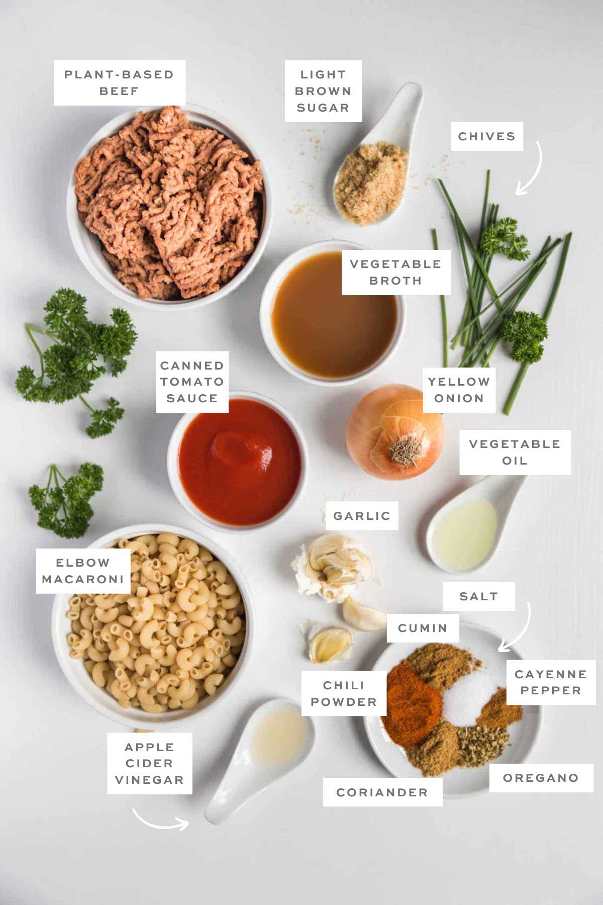 Key ingredients for vegan hamburger helper with labels.