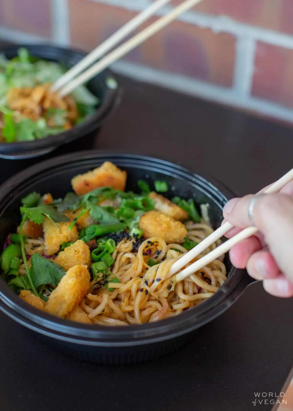 Take Out container of Spicy Korean Beef Noodles made vegan at Noodles and Company