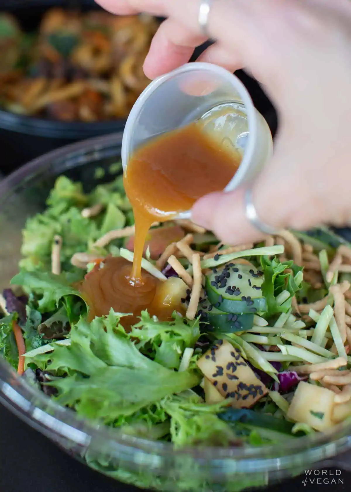 pouring dressing over the vegan asian salad at noodles and company